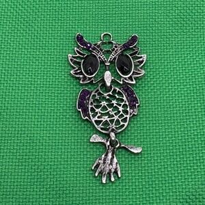 Owl Pendant Charm Silver Tone Black Purple Rhinestone Bird Jewelry 1.75"‎ 1990s